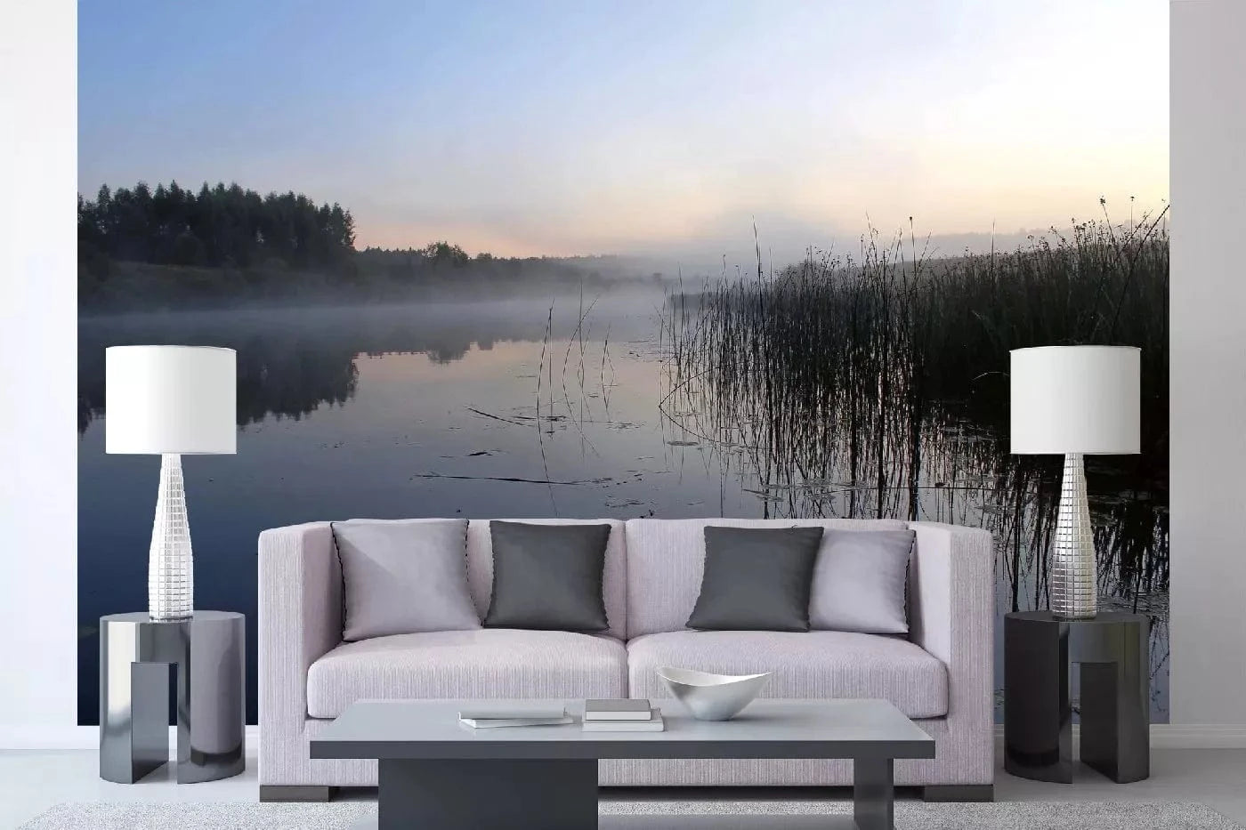 Fototapetes ar dabu - Upe pirms rītausmas miglā, zilos toņos D-ART