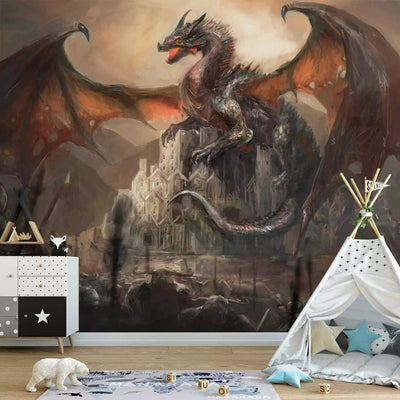 Wall Murals- children's fantasy with a dragon on a castle and a knight, 59720 G-ART