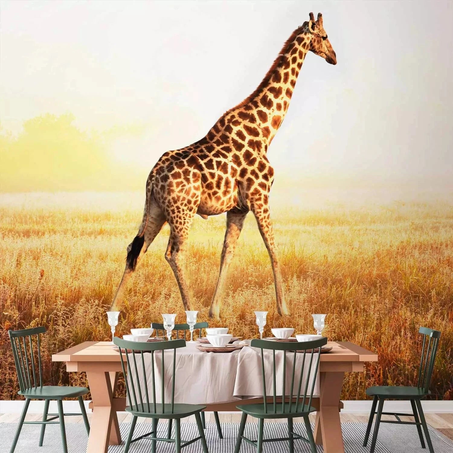 Fototapetes - Pastaiga ar žirafi pa savannu pļavā rītausmā G-ART