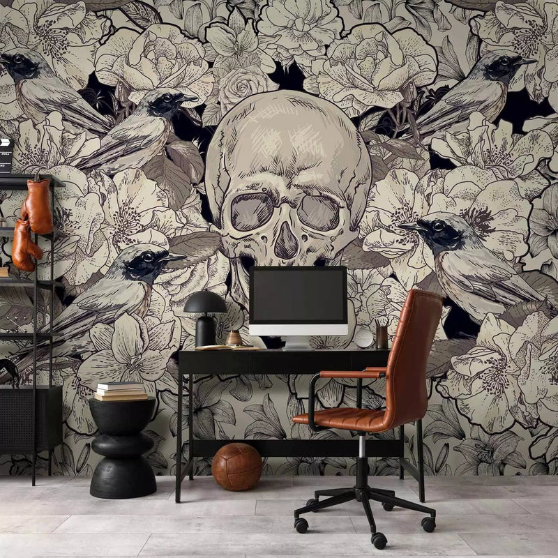 Black and white Wall Murals with skull on white background with birds G-ART