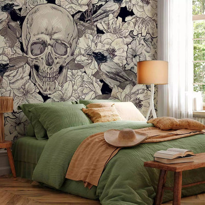 Black and white Wall Murals with skull on white background with birds G-ART