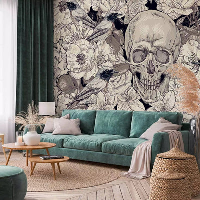 Black and white Wall Murals with skull on white background with birds G-ART