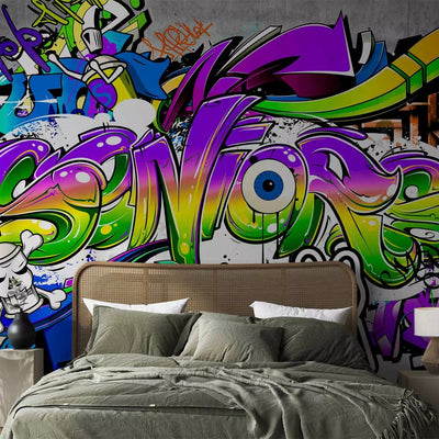 Wall Murals Teenagers of graffiti and inscriptions in blue tones, 64602g-art