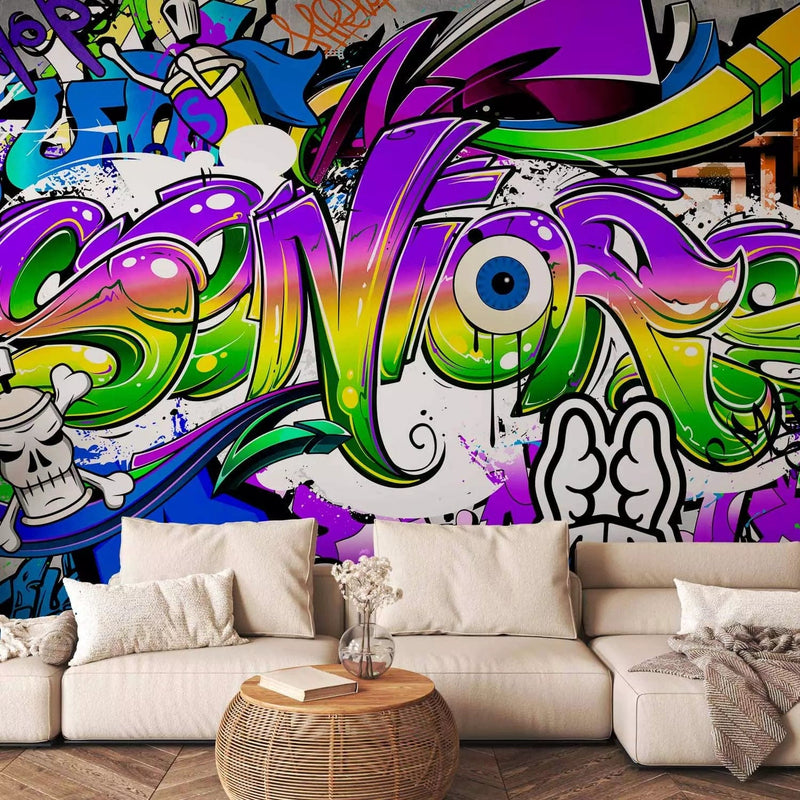 Wall Murals Teenagers of graffiti and inscriptions in blue tones, 64602g-art