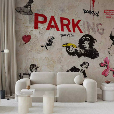 Fototapeet Graffiti Banksy stiilis - beež ja punane, 65709 G-ART