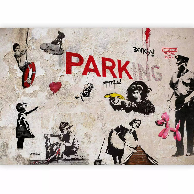 Wall Murals with graffiti in Banksy style - beige and red, 65709 G-ART