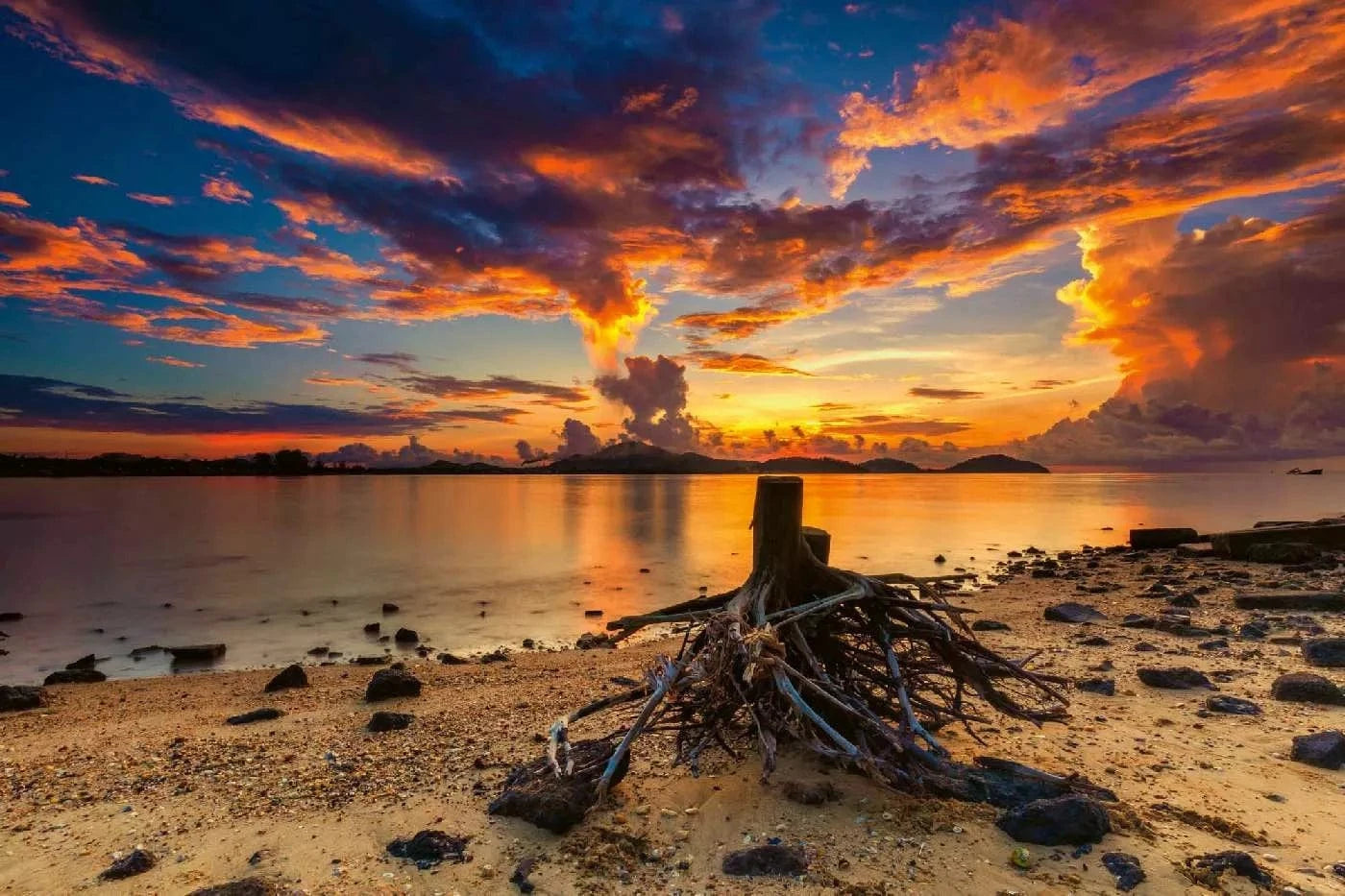 Fototapetes ar skaistu ainavu - Zelta saullēkts jūrā - košas krāsas D-ART