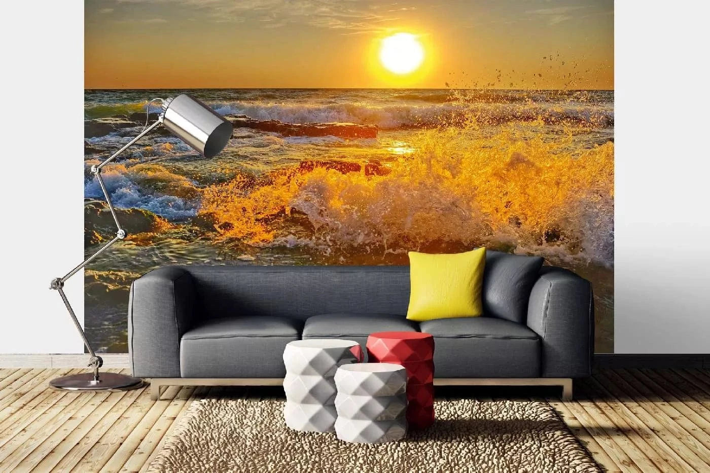 Fototapetes ar jūras viļņiem - Saullēkts virs jūras oranžā toņos D-ART