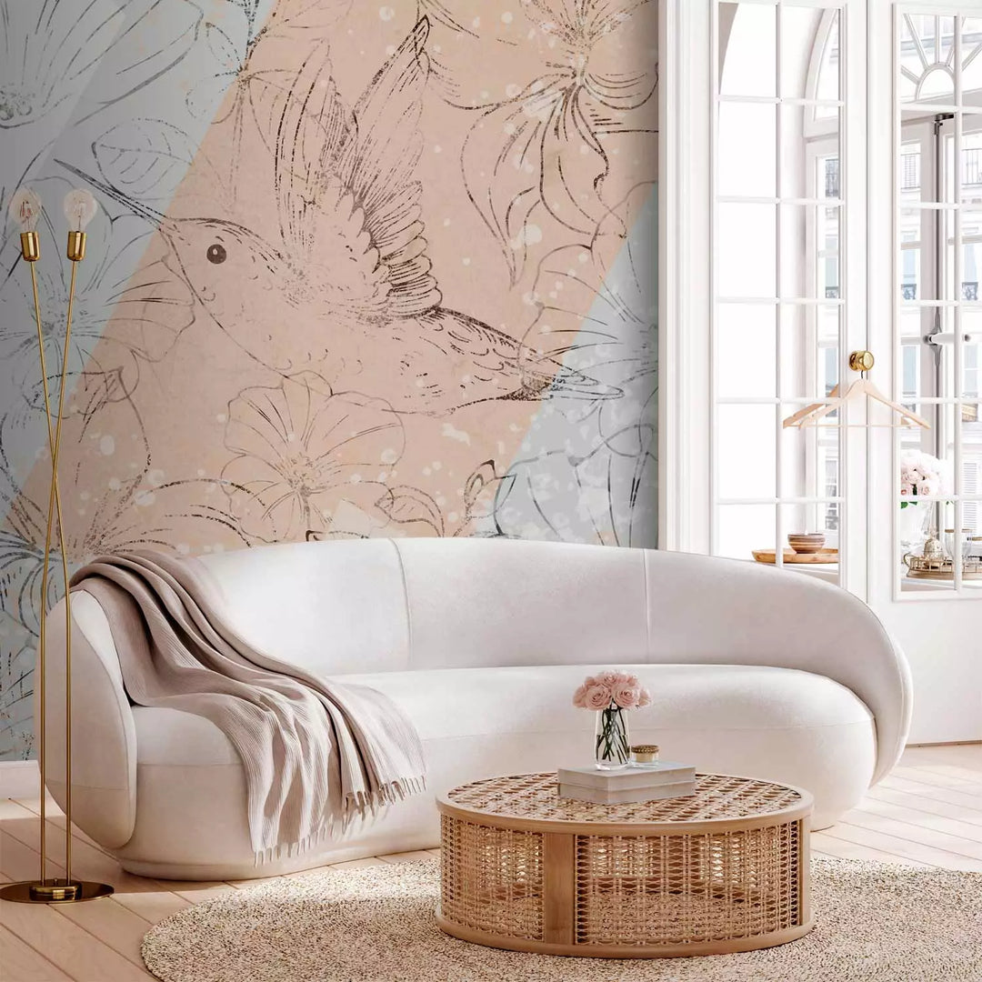 Fototapetes - kolibri gravējums starp ziediem ar ģeometrisku rakstu G-ART