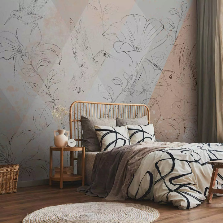 Fototapetes - kolibri gravējums starp ziediem ar ģeometrisku rakstu G-ART