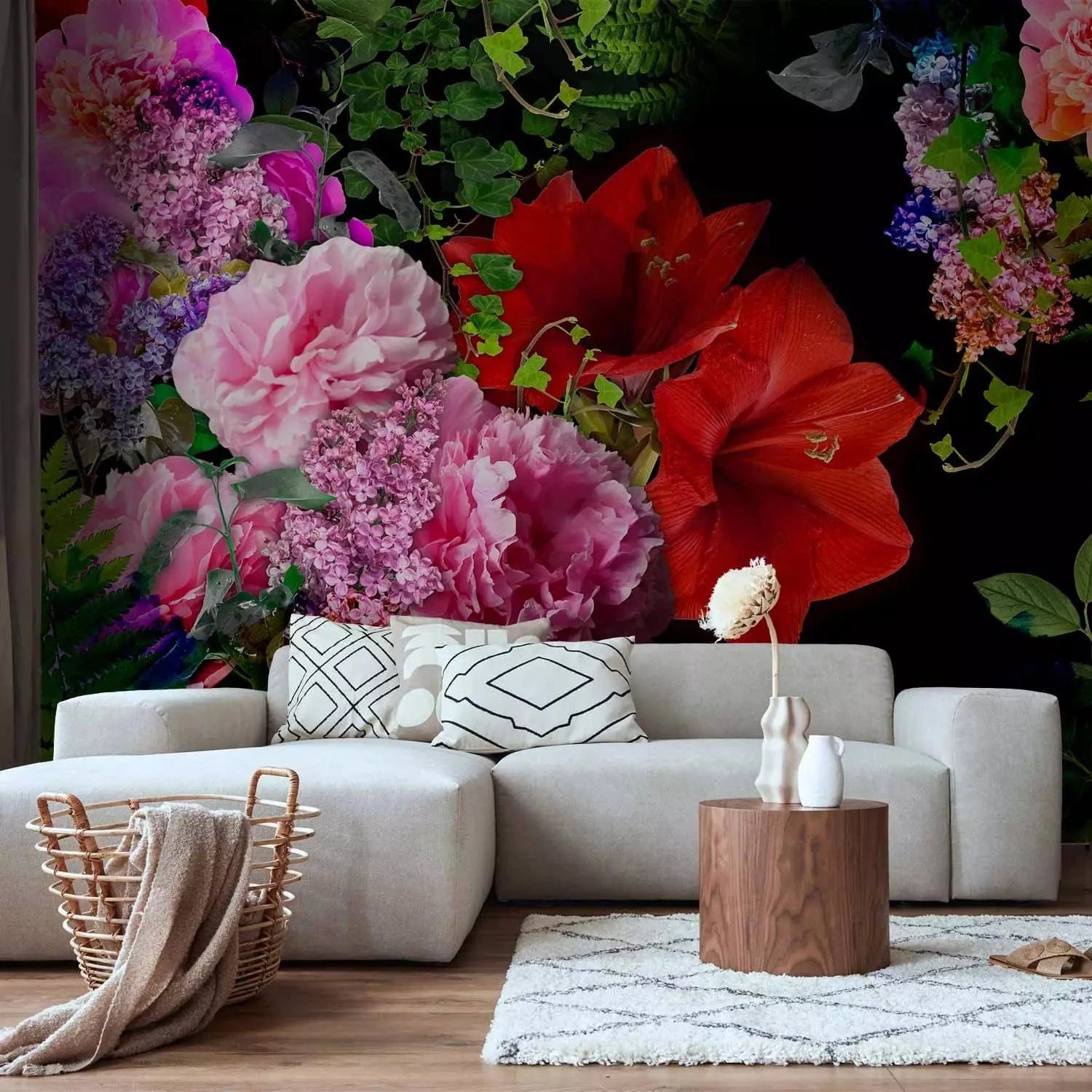 Fototapetes ar košiem ziediem uz melna fona - guļamistabai G-ART