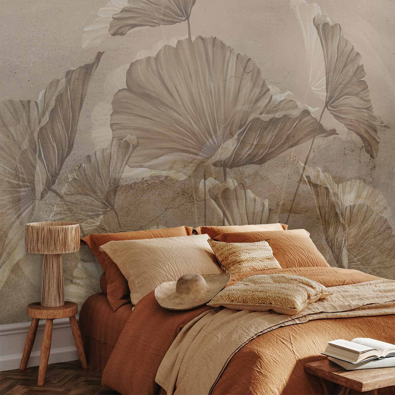 Fototapetes guļamistabai ar lapām vintāžas stilā - Bēšas lapas, 142701 G-ART