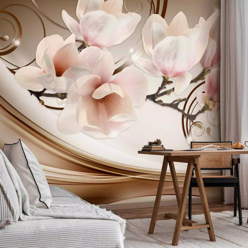 Wall Murals with magnolia - magnolia waves, brown and cream crash -art