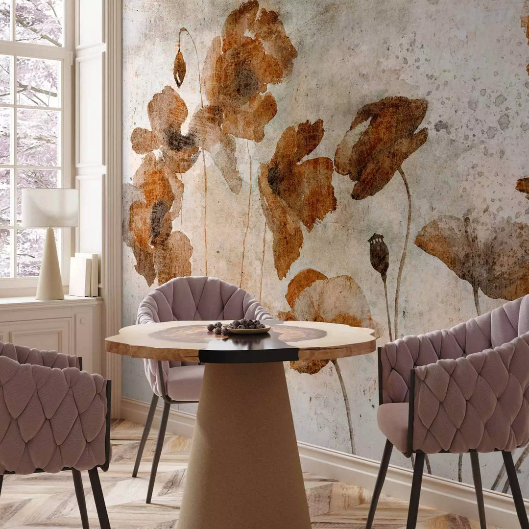 Fototapetes - Akvareļu magones – brūni ziedi uz pelēka fona G-ART