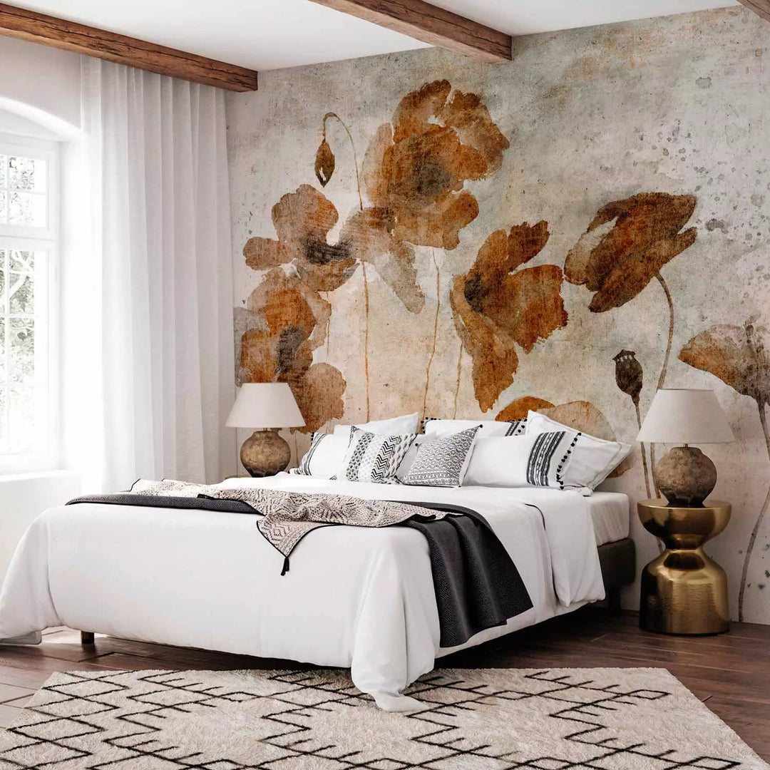 Fototapetes - Akvareļu magones – brūni ziedi uz pelēka fona G-ART