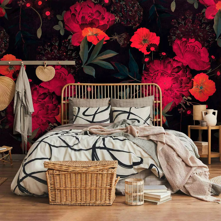 Fototapetes ar sarkanam magonēm uz melna - Nakts atmoda, 143174 G-ART