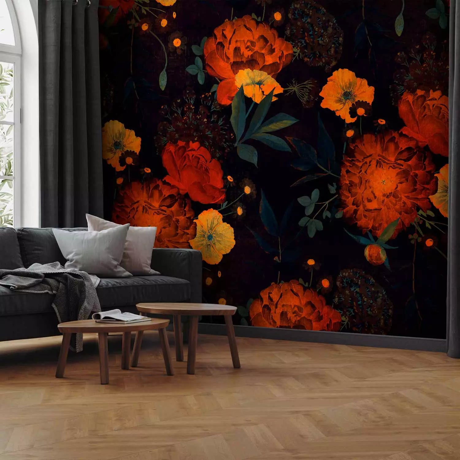 Fototapetes ar rozā magonēm uz melna - Nakts atmoda, 143176 G-ART