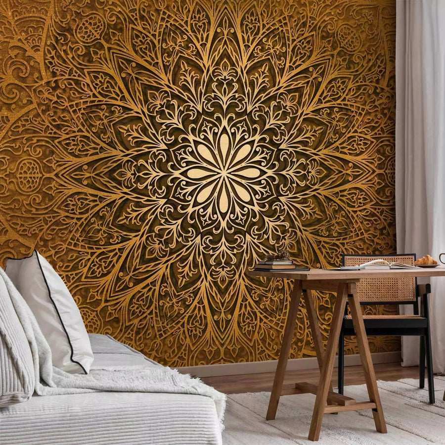 Fototapetes ar mandala rakstu zeltā krāsā - austrumu stils interjerā G-ART