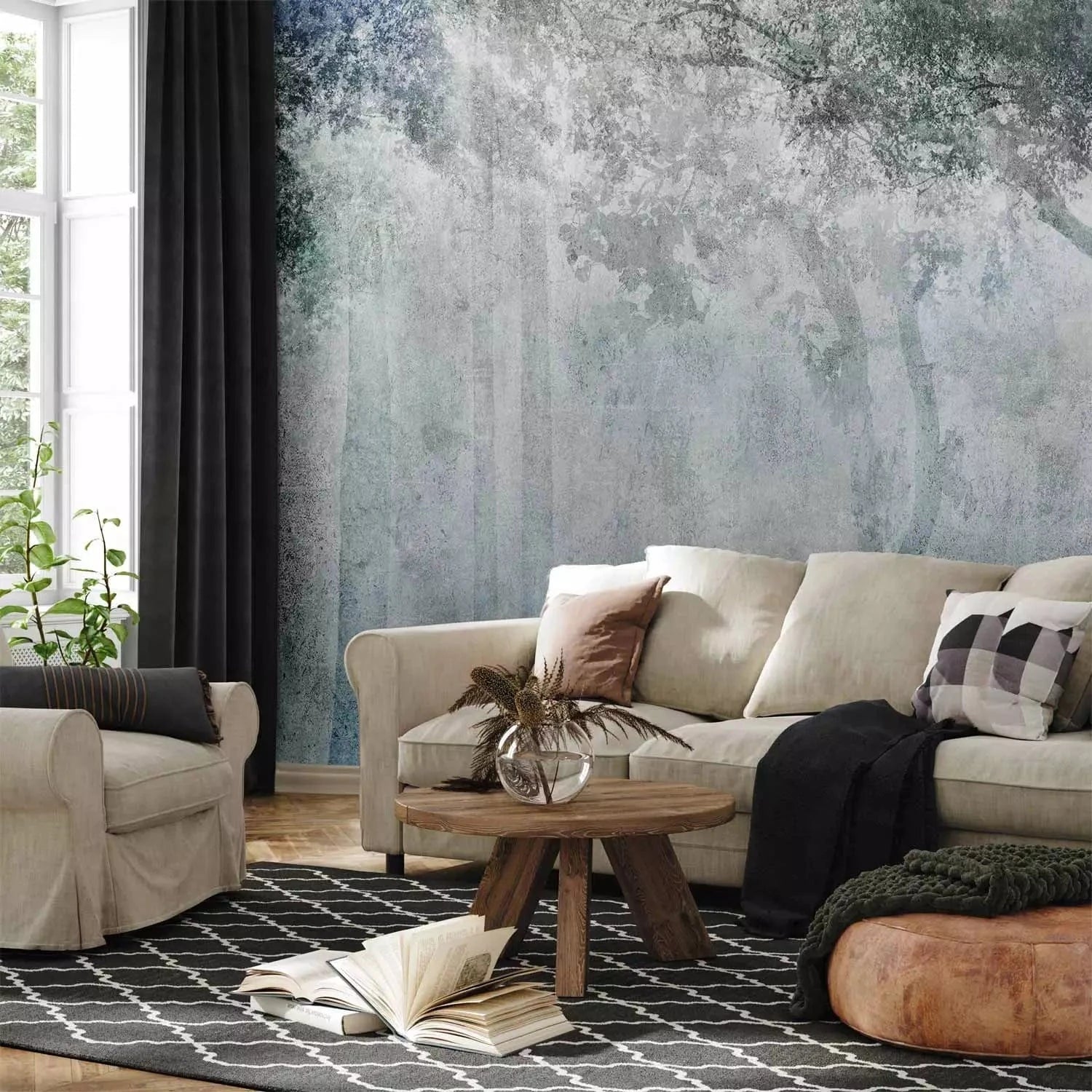 Fototapetes ar mežu gaiši pelēkos un zaļos toņos - dabas noskaņa G-ART