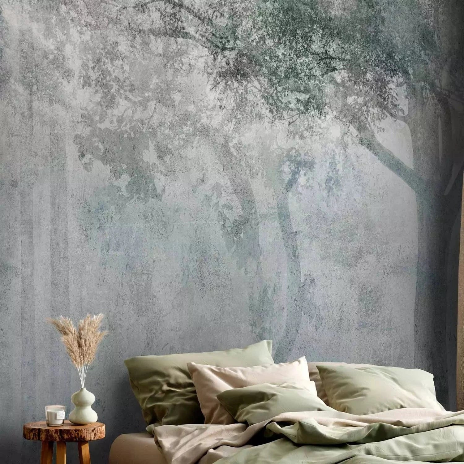 Fototapetes ar mežu gaiši pelēkos un zaļos toņos - dabas noskaņa G-ART