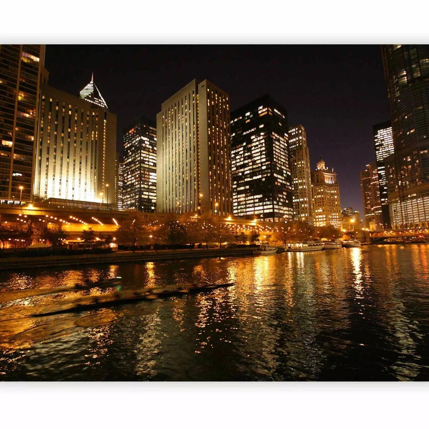 Fototapetes - pilsētas augstie debesskrāpji pie upes naktī G-ART