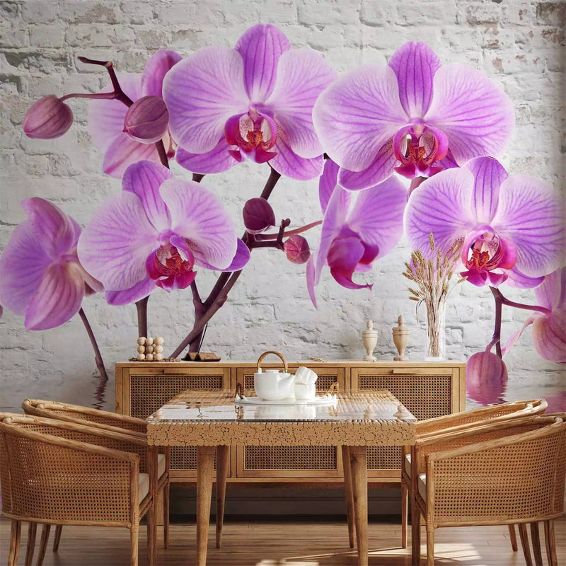 Wall Murals - purple orchids on a gray brick wall background, 62019G-ART