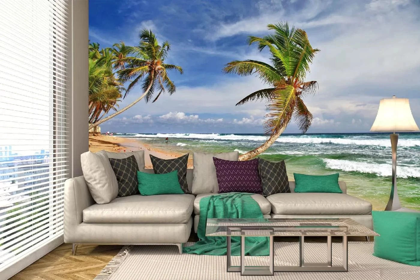 Fototapetes ar palmām - Skaista tropiska pludmale, zaļa, zila, beša D-ART