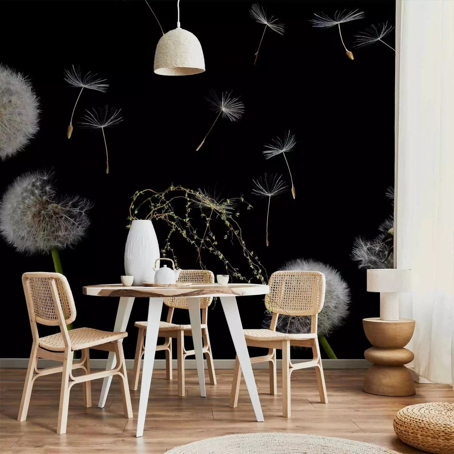 Fototapetes ar pienenēm - Baltas pienenes uz melna fona - nopirkt G-ART