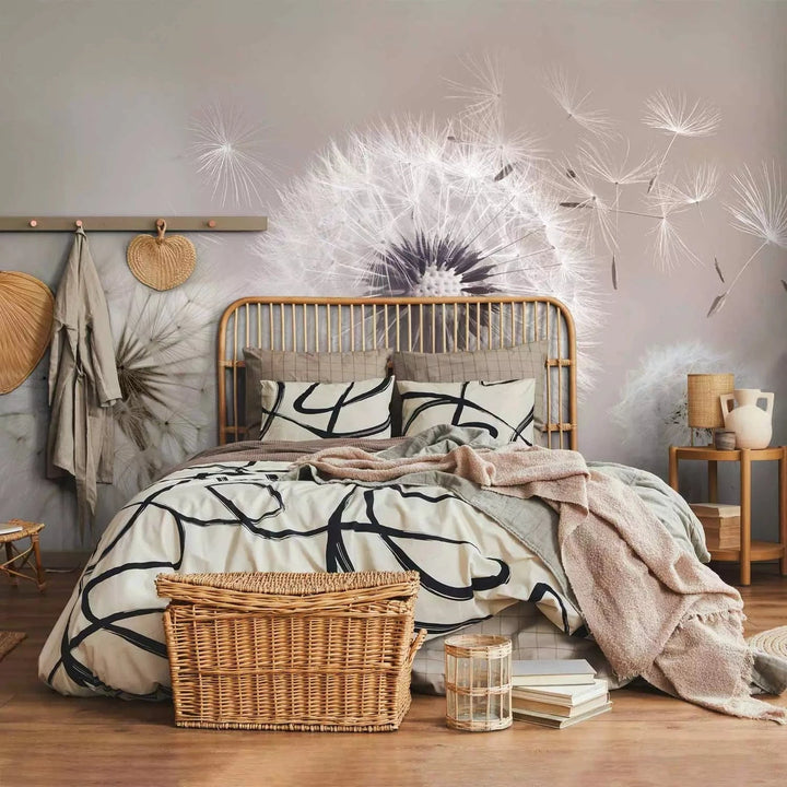 Fototapetes ar pienenēm silti pelēkā krāsā -  Pienene un vējš, 135754 G-ART