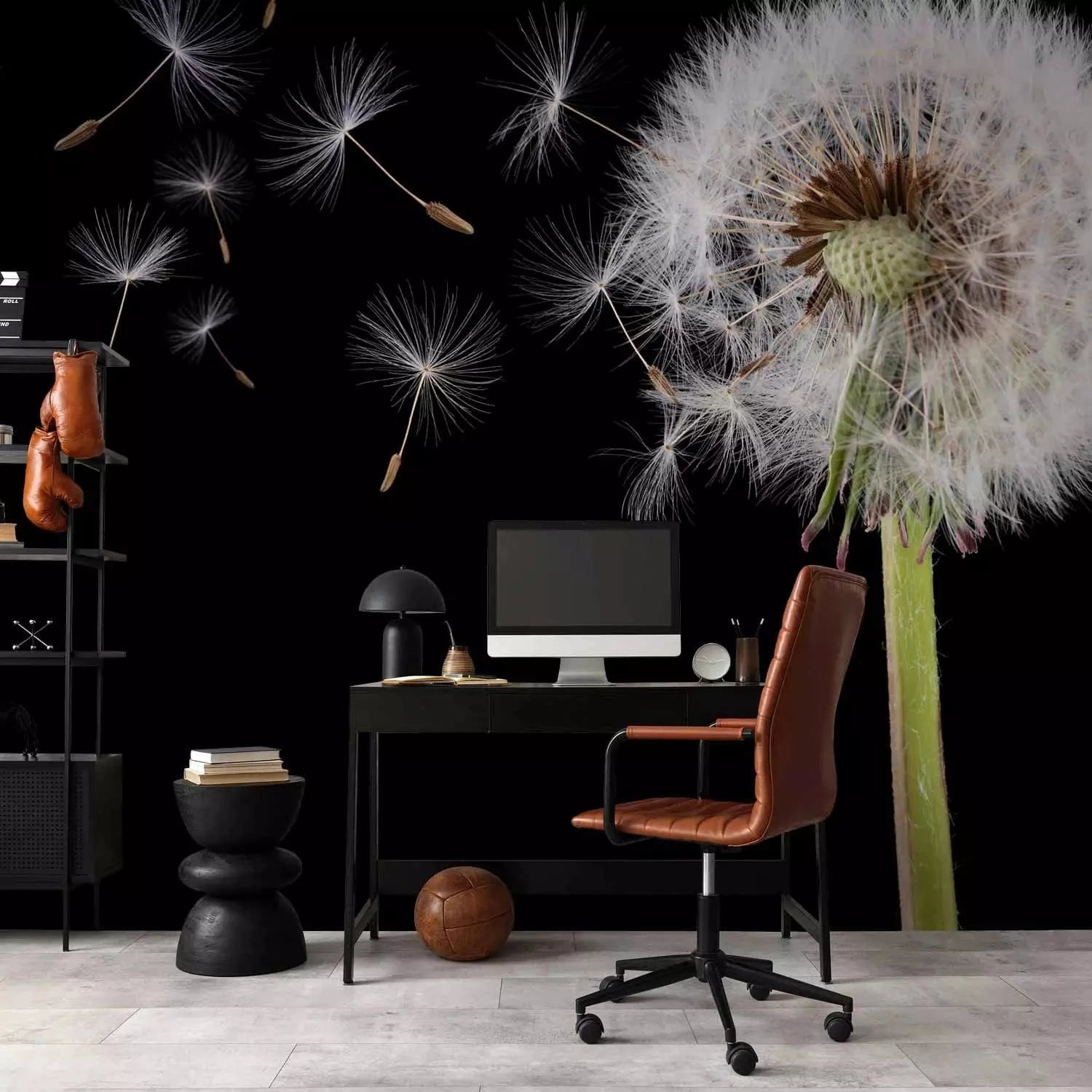 Fototapetes ar pienenēm uz melna fona - Vējš un pienenes - cena G-ART