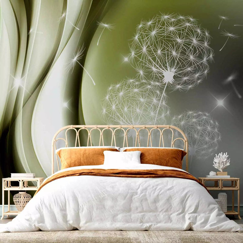 Wall Murals - white dandelions on a green background with glitter effect, 91895 G-art