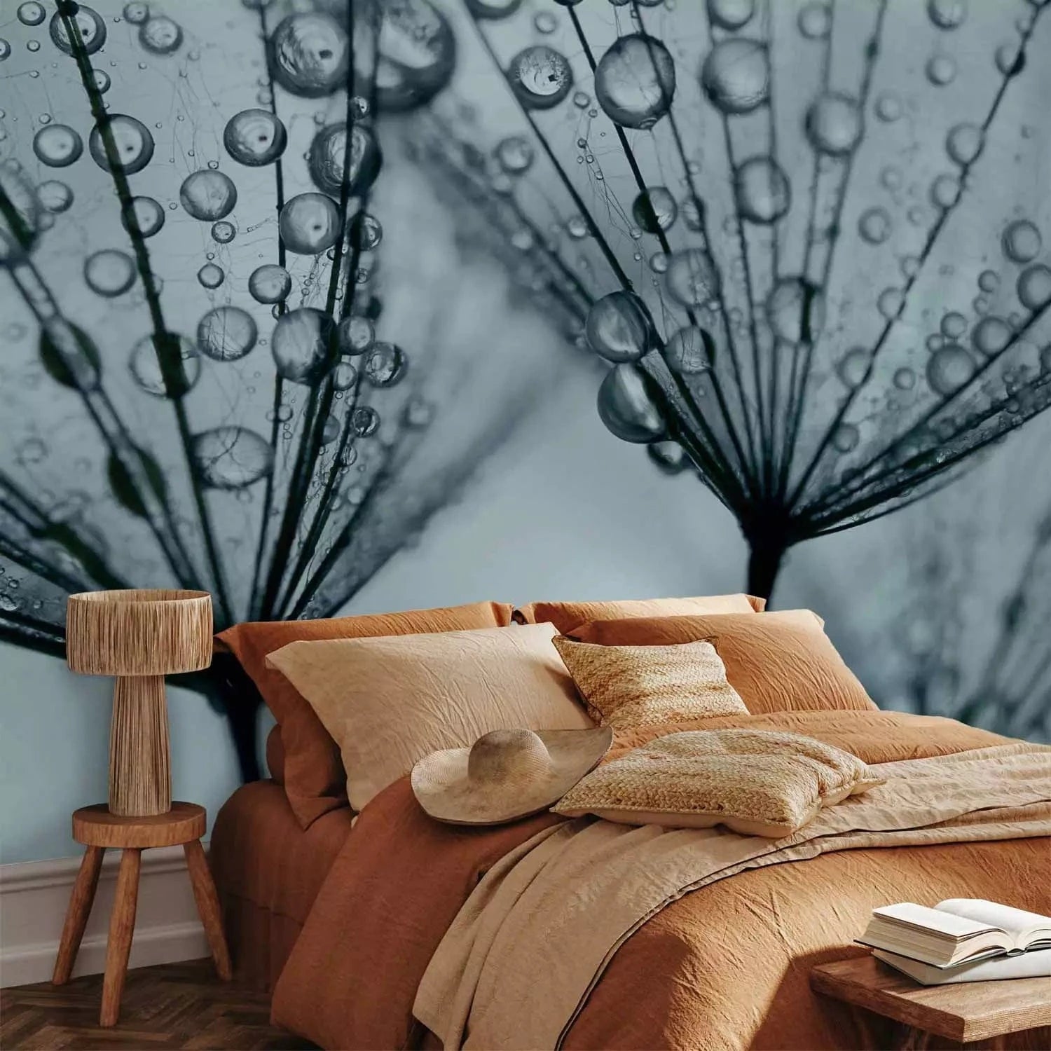 Fototapetes - Tirkīza ziedu motīvs - pieneņu ar ūdens pilieniem, makro G-ART