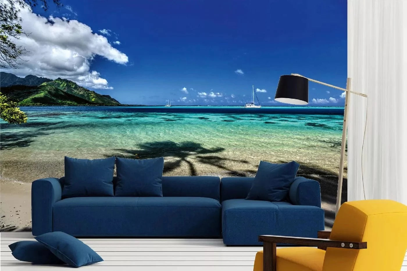 Fototapetes ar pludmali - Moorea pludmale, zilā krāsā - viegli līmēt D-ART