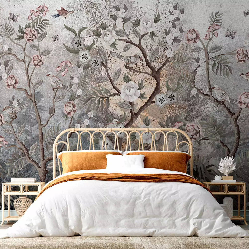 Fototapetes ar putniem uz ziediem, pelēkā un rozā, 138587 G-ART