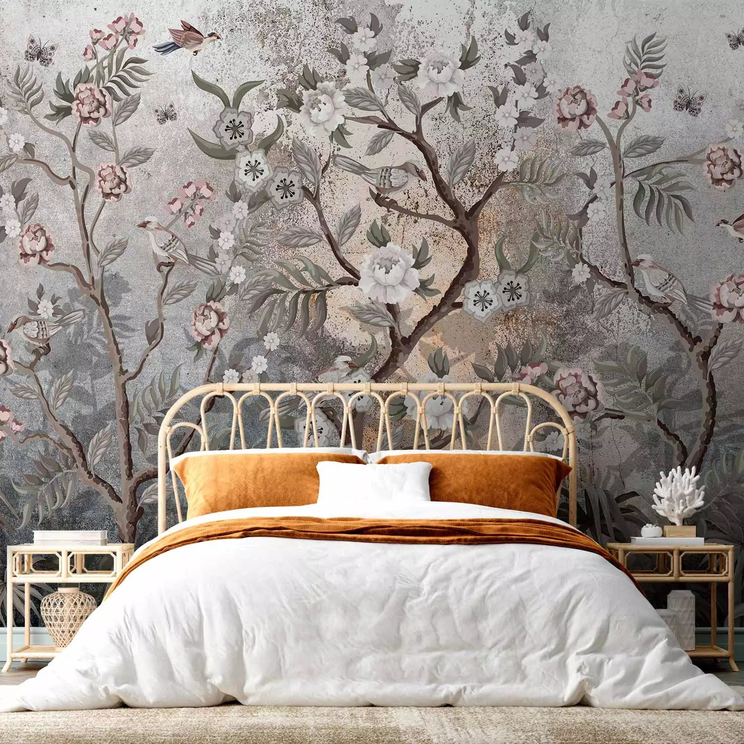 Fototapetes ar putniem uz ziediem, pelēkā un rozā, 138587 G-ART