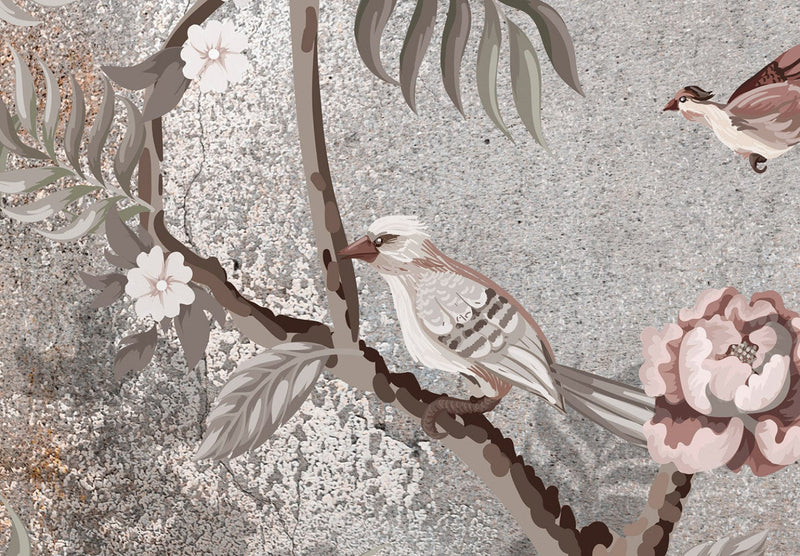 Fototapetes ar putniem uz ziediem, pelēkā un rozā, 138587 G-ART