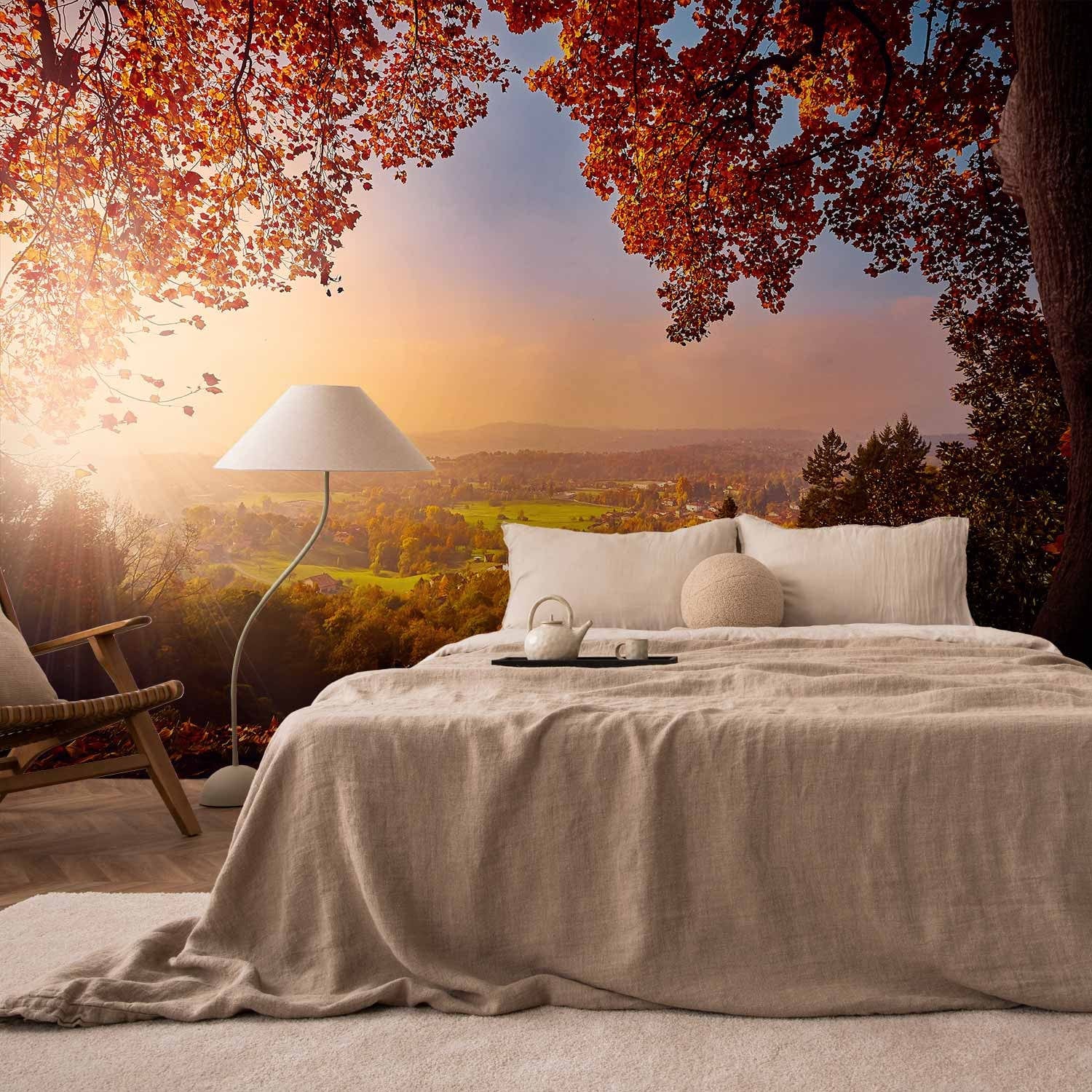 Fototapetes - saulaina ainava ar lauku apvidu koku un lauku ielokā G-ART