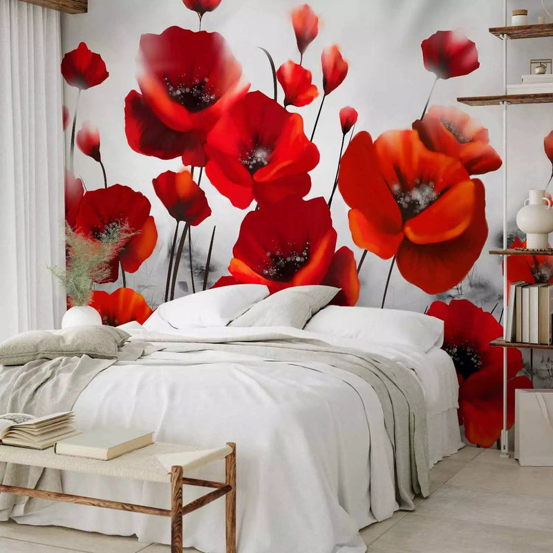 Wall Murals with red poppies on a gray background - 60660 - Buy G -Art