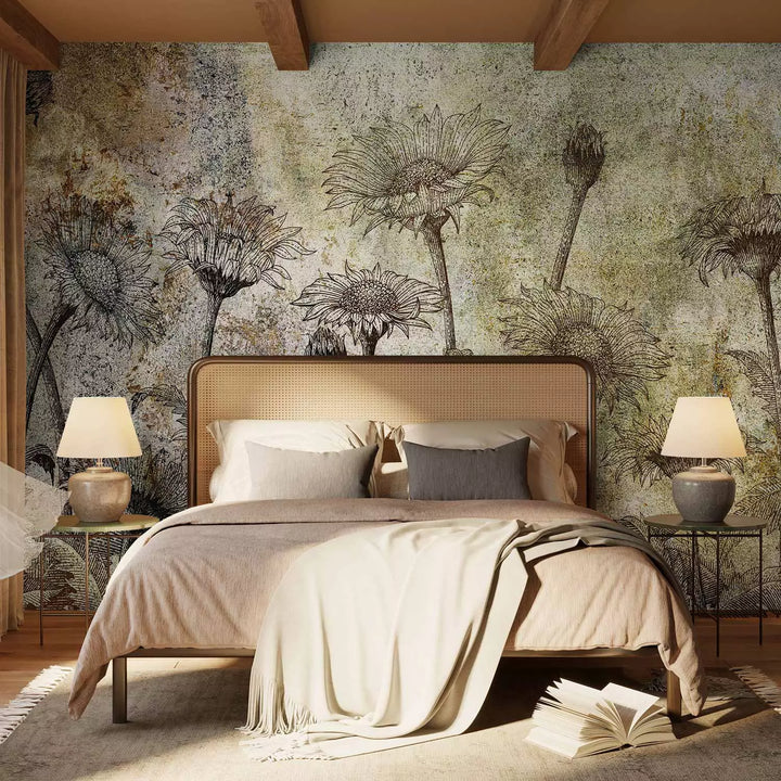 Fototapetes ar saulespuķēm - ziedošs lauks ar lapām retro stilā G-ART