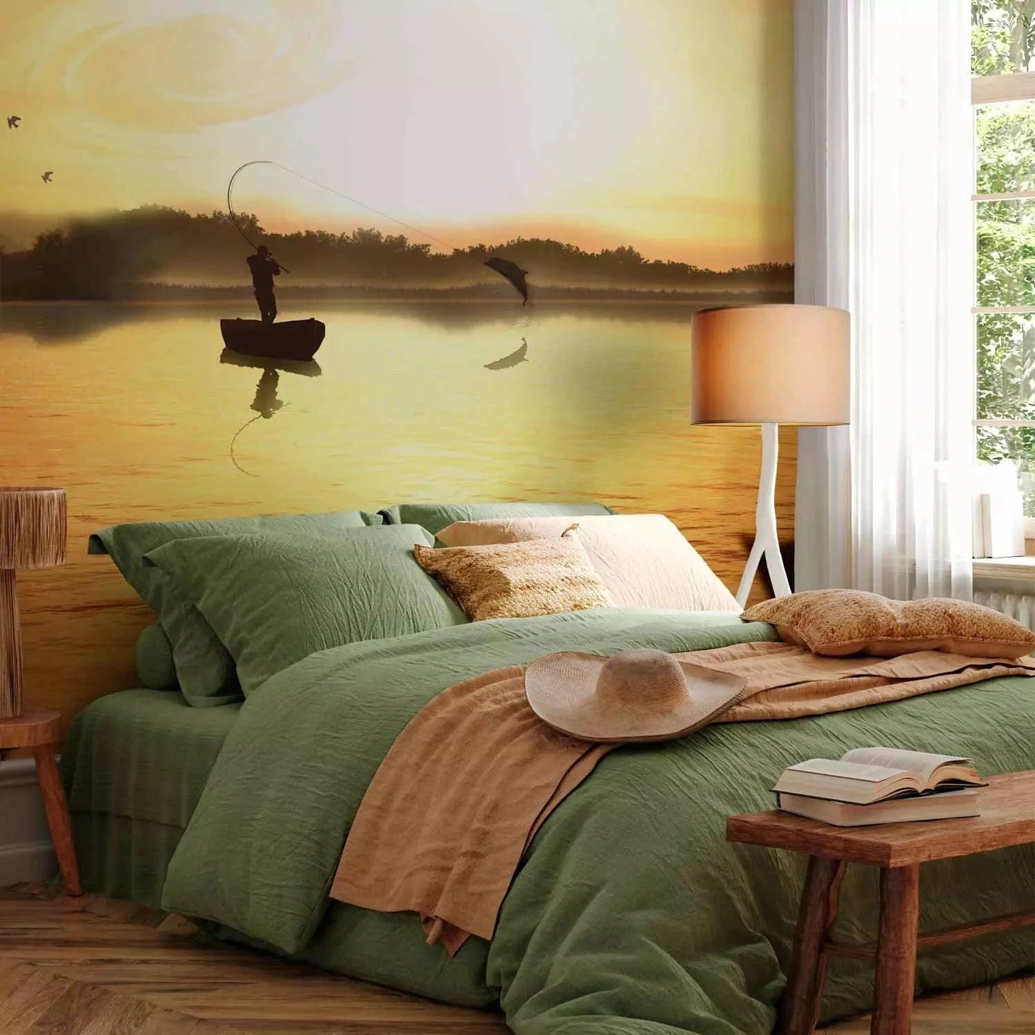 Fototapetes ar saulrietu - Saulriets un zvejnieku laiva, dzeltenā G-ART