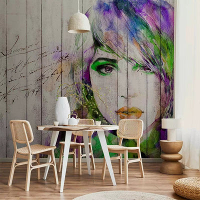 Wall Murals With a woman's image in green and purple - 64532g -art