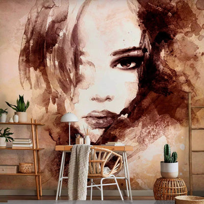 Wall Murals - watercolour portrait of a woman's face in brown G-ART