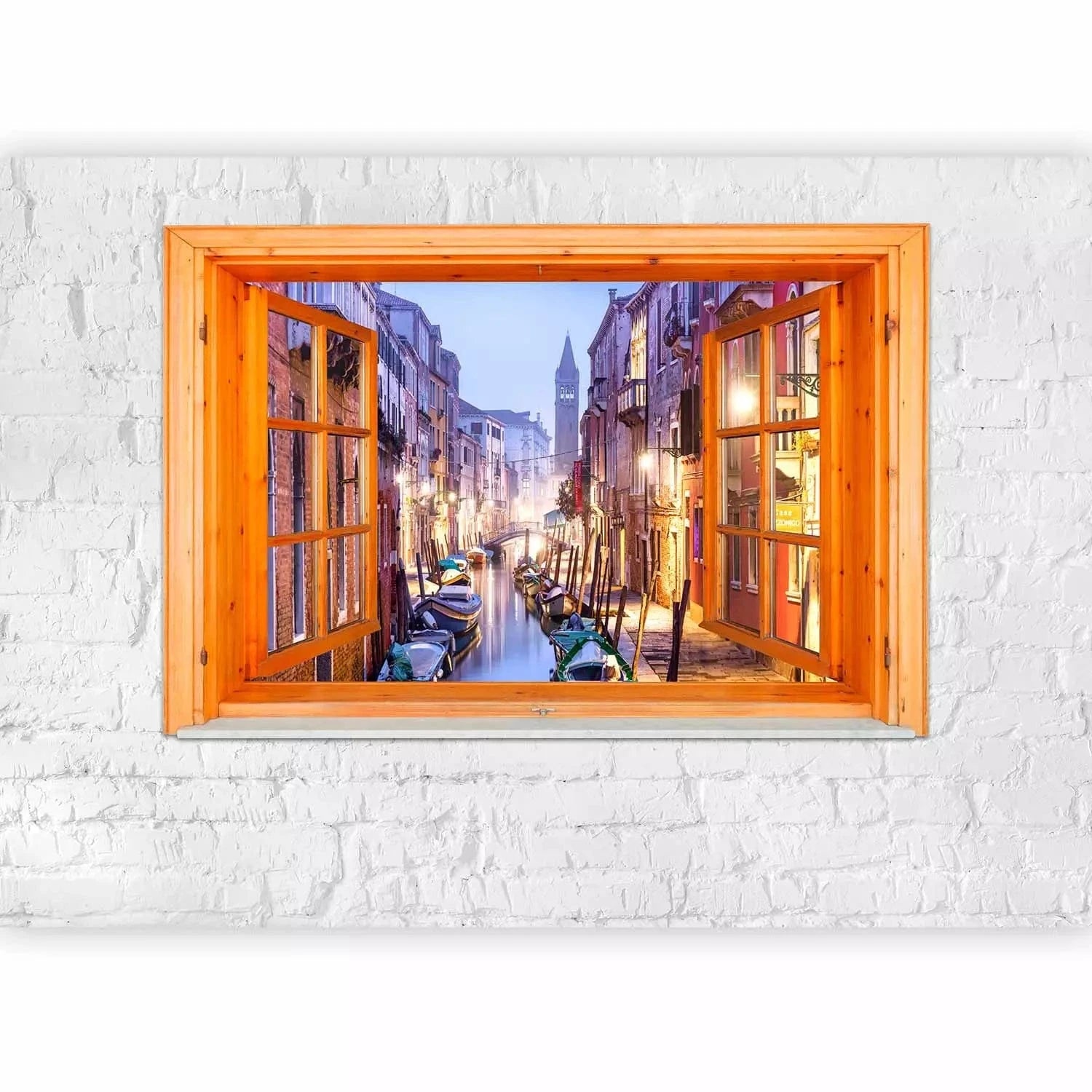 Fototapetes - Skats no loga - Venēcijas kanāla ainava gaišā koka rāmī G-ART