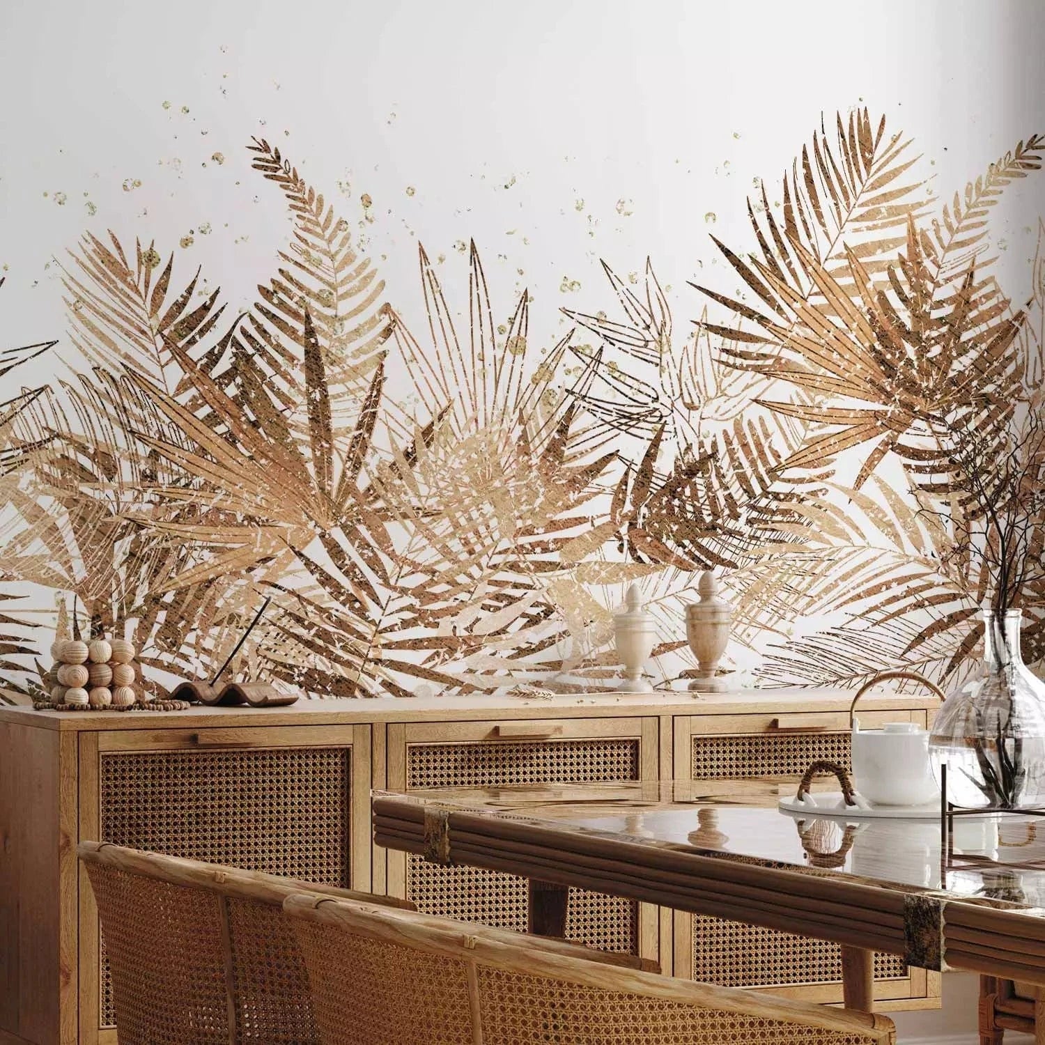 Fototapetes ar tropiskam lapām bēšā krāsā uz balta fona - istabai G-ART