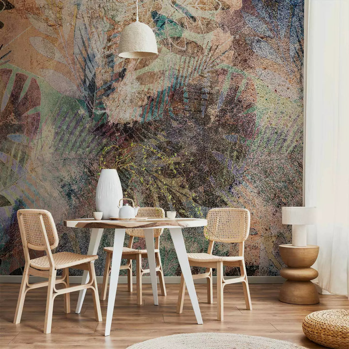 Fototapetes ar tropiskam daudzkrāsainām lapām vintāžas stilā G-ART