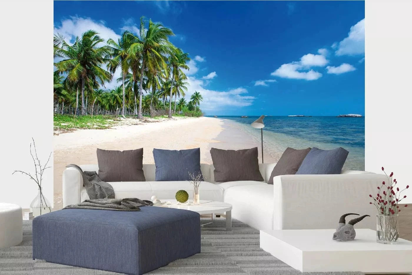 Fototapetes ar tropisko skatu - Augstas palmas pludmalē, zila, zaļa D-ART