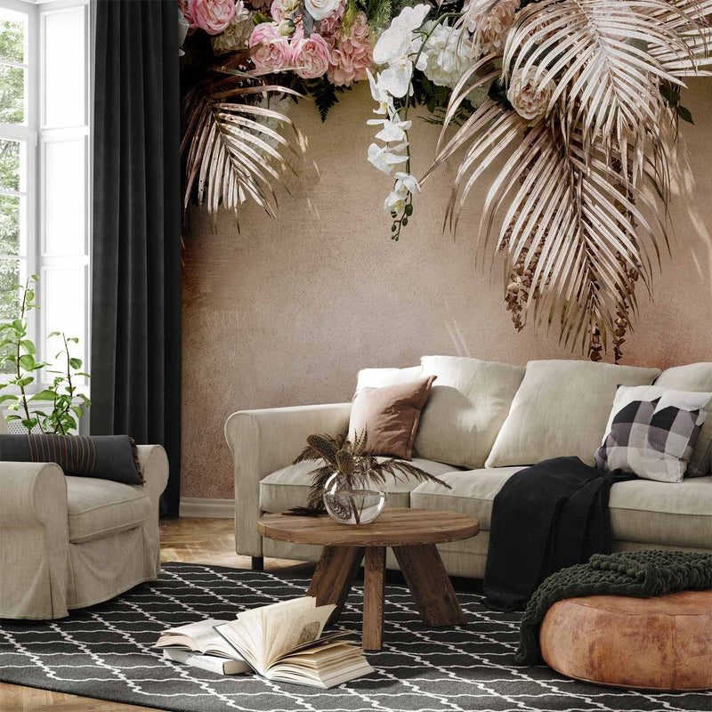 Wall Murals with roses, peonies and fern leaves in brown shades 138205 G-art