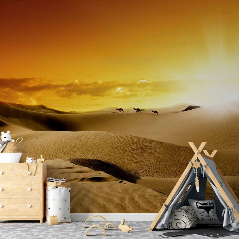 Fototapetes ar tuksnesi - Sahāra un kamieļi - 60292 - oranžā krāsā G-ART