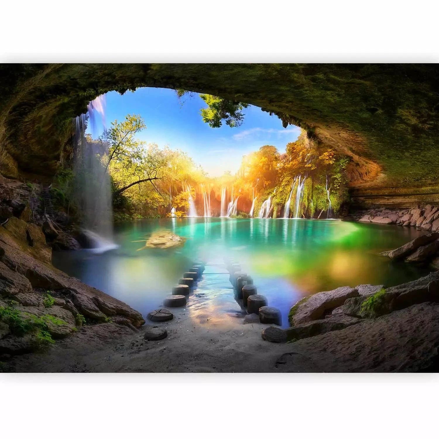 Fototapetes 3D ar ezeru un nelielu ūdenskritumu - Tirkīza ezers G-ART