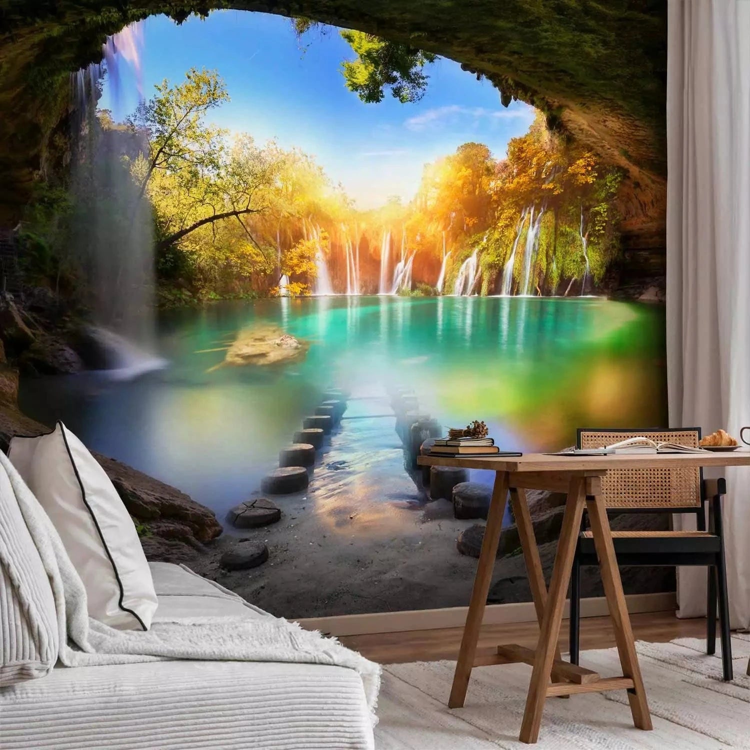 Fototapetes 3D ar ezeru un nelielu ūdenskritumu - Tirkīza ezers G-ART